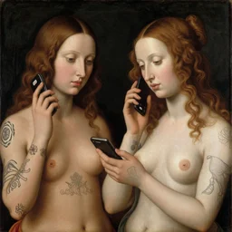 perfect renaissance painting of ada and eve with tattoos and cell phones, intricate faces, post - processed