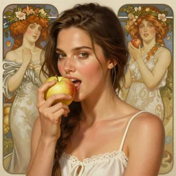 Kate Beckinsale eating apple, highly detailed, digital painting, artstation, concept art, smooth, sharp focus, illustration, art by Krenz Cushart and Artem Demura and alphonse mucha