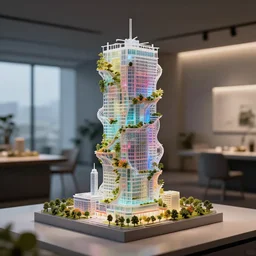 3 d printed physical model organic flowy including more than one city into one vertical building model that sits on a table in a room with a viewand lights in the back, multiple stories, transparent, with vegetation, colorful, eye - level view, 8 0 k, octane render, highly detailed 3 d render,