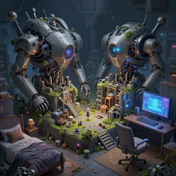 an intricate concept art, illustration, fantasy micro - world inside a bedroom with a desktop computer, night, no people, large mechanical biomes, ultra photorealistic, ultra sharp, pinterest, artstation, cgsociety, pinterest, digital art, anime colors, style by wlop, hyperrealistic, octane render, 8 k