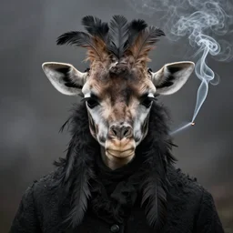 photographic portrait max ernst sad woman giraffe feathers face, spiraling cigarette smoke, in fog