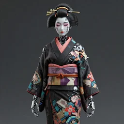 full body portrait of a punk geisha robot with kanji tattoos and decals wearing a digital pixelated kimono, intricate design, photo - realistic, octane render, dark colour palette, ultra fine detailed, character design, trending on artstation