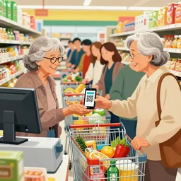 old wrinkled couple in the cash registry of a grocery shop, they are paying with their smartphones, holds up smartphone displays with a qr code, shopping carts are all full of groceries, a very long line of young customers in the background, bright colors, acclaimed illustration photo, masterpiece by rehahn