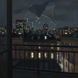 muted color ultra realistic painting of a balcony view of 1 9 2 5 boston downtown at night, the sky is distorted and broken like a smashed mirror, and the foreground looks like it is underwater, dark, brooding, night, atmospheric, ultra - realistic, smooth, highly detailed in the style of clyde caldwell