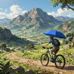 An epic fantasy anime style landscape painting of an African mountain range, with a kenyan Mountainbiker and a blue umbrella, unreal 5, DAZ, hyperrealistic, octane render, dynamic lighting