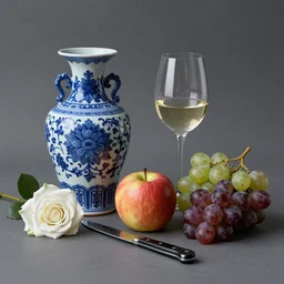 Still life studio, on the left there are a blue porcelaine vase and a white rose, in the middle there are an apple and a knife, on the right there are a bunch of grapes and a glass wine, unreal engine, highly detailed, 8k