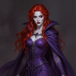 beautiful necromancer lady portrait, oiled, purple dress, cloak, pale skin, red wild hair, fantasy, intricate, elegant, highly detailed, digital painting, artstation, concept art, smooth, sharp focus, illustration, art by afshar petros, krenz cushart, artem demura