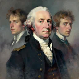 portrait of a george washington, colorful, modern art deco, mads berg, karolis strautniekas, christopher balaskas, stippled light, fog, moody, fine texture, editorial illustration, dramatic lighting, dynamic composition, detailed, matte print, dynamic perspective, muted color, ( ( victo ngai ) )