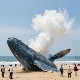 whale exploding on a beach with people standing nearby hyperrealistic 4 k