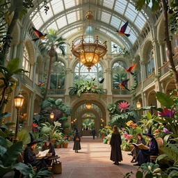 Matte painting of the interior view of giant botanical museum. ArtNouveau architecture. Colorful birds flying. Exotic plants. Magical lanterns and chandeliers. Witches and wizards studying and walking. Fantastical, detailed digital art trending in artstation
