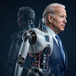 joe biden cyborg with tubes connected to his back, double exposure, editorial image