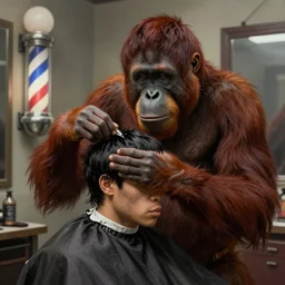 an epic illustration of an orangutan in a barber shop getting a haircut with color barber pole in background, in the style of algernon blackwood, highly detailed digital art, ornately detailed, muted color, photorealistic