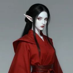 portrait of a female elf mage, pale white skin, black ponytail hair, red robes, character art by kieran yanner