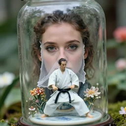 cinestill 5 0 d, 8 k, j. j abrams flare ; beautiful ultrarealistic britt marling in aikido ( 1 9 9 1 ) film still foggy zen glass garden flower scene in frontiers in porcelain photography fashion june medium full shot closeup portrait edition ; hyperrealistic realistic eyes real - life porcelain gauze aikido figurine in victorian glass jar, tilt shift background