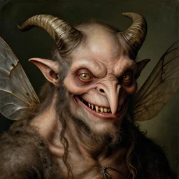close up portrait of an overdressed mutant monster creature with snout, horns, insect wings, unibrow, piercing eyes, toxic smile. jan van eyck, bosch