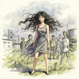 our desperation, selfishness, and our effort to save the world and ourselves in the face of all this modernity stand before us like a lyrical blow of wind, award winning watercolor pen illustration, by caroline choi, drawn over by artgerm, drawn over by range murata