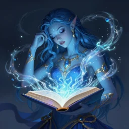 character concept portrait of an attractive young sleepy Spanish wizard with blue skin conjuring an ocean spell, a floating iridescent spell book in the center, intricate, elegant, digital painting, concept art, smooth, sharp focus, illustration, from Metal Gear, by Ruan Jia and Mandy Jurgens and William-Adolphe Bouguereau, Artgerm