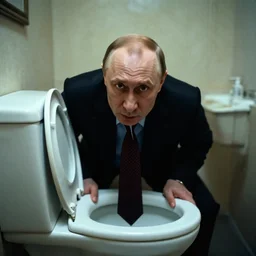 vladimir putin emerges creeping out from toilet, art by famous artist, horror movie scene
