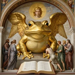 people worship a huge holy golden frog angel, religion, bible, frescoes, art by michelangelo buonarroti, art by raphael santi, art by sandro botticelli, art by hieronymus bosch, art by albrecht durer, art by rembrandt van rijn, art by peter paul rubens, art by william bouguereau, art by ivan kramskoy