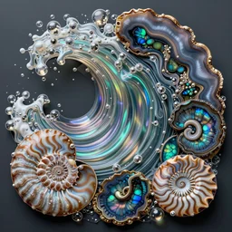 art nouveau cresting oil slick waves, druzy geode, bubbles in a shiny iridescent oil slick wave, ammolite, black opals, rococo, organic rippling spirals, realistic hyperdetailed ultrasharp octane render, abalone, ammonite, paua shell, banded geode