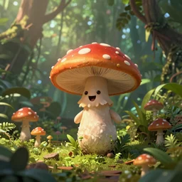 Intricate detailed illustration, A small sentient and happy mushroom frolicking in a lush tropical jungle, 🍄 , cinematic lighting, by Philip Hood, wide angle, volumetric light scattering, 8k, artstation, concept art,