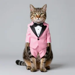 full body photograph of a furri tabby male cat in a pink tux