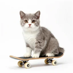 Adorable British Shorthair cat kitten, sitting side ways on skate board. Looking straight to camera. Isolated on a white background