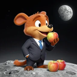 a realistic picture of crash bandicoot wearing a suit, eating apples on the moon