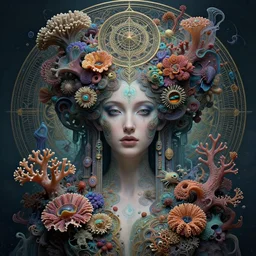 hyperrealistic photo of the uniquely beautiful young goddess of the fractal coral reefs morphed together with an elaborate cyberpunk fractal mycelium cathedral of sea flowers and sea creatures, strong cyberpunk make - up, emotionally evoking symbolic metaphors, head in focus, heavily ornamental, sacred geometry sublime, elegant, sensual, etheric, moody, highly detailed digital painting, artstation, rule of thirds, sharp focus, art by h. r. giger and ernst haeckel, alphonse mucha, gustav klimt,