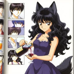 fursona, character portrait of an anthropomorphic wolf woman with black fur, pouring wine while wearing a dress, color page, tankoban, 4 k, tone mapping, doll, akihiko yoshida, james jean andrei riabovitchev marc simonetti, yoshitaka amano, long hair, curly, greater guy fieri