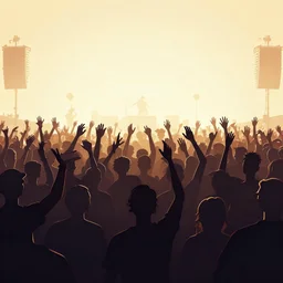 a huge crowd partying with their hands up at a festival, silhouette, digital art, trending on artstation, 4k, unreal engine, intricate, ornate