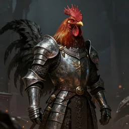 rooster wearing medieval suit of armor, dark fantasy comic book, art style by kevin siembieda, artstation!