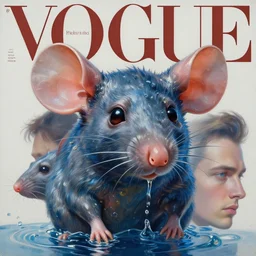 3 d, close - up, frown fashion model rat ears, liquid metal and blue water, vogue cover style, poster art, hyper detail, intricate oil painting, multiple exposure, morning mood, 3 d by tooth wu and wlop and beeple and greg rutkowski