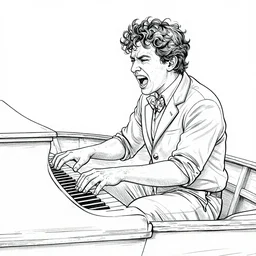 a virtuoso playing piano passionately on a row boat, continuous line drawing, very intricate and detailed