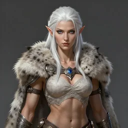 white haired elven woman, wearing a wolf pelt, upper half portrait, centered, muscular, dnd, intricate, highly detailed, sharp, digital painting, artstation, cell shading