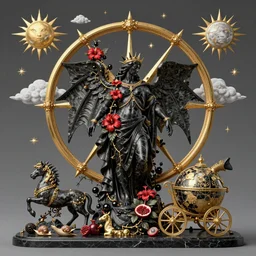 tilt shift, italian masterpiece, wyvern, wind rose, Ashford Black Marble, sculpture, baroque,  draped with red Hibiscus and vines and spines, marble and gold, space, stars, clouds, suns, moons, drapes, fruits, Obsidian, pomegranade, medieval globe, portrait, mage, centaur, siren, lion, unicorn chariot, snails, render, artstation, ultra detailed