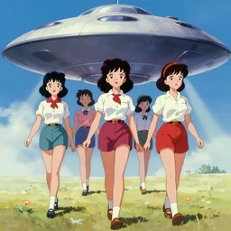 a film still of a 1 9 5 0's anime girls going out from ufo, hdr, full body mid shot, perfect art, trending on pixiv fanbox, painted by gaston bussiere, akihiko yoshida, craig mullins