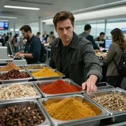 airport customs arresting trays of spices!!, dramatic!!!, serious!, hyperdetailed, cinematic lighting, dystopian, satire