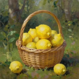 a lemon in a basket of fruits in a forest, oil painting
