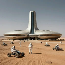 full - color year - 2 0 8 0 photo of : a vast retro - futuristic brutalist building on mars, surrounded by citizens in space - suits walking or driving buggies. professional architectural photography.