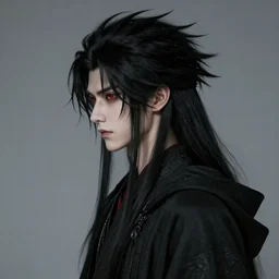 side profile, handsome japanese demon boy, young adult mazoku man with long wild spiky black hair, vantablack cloak, red eyes, ultra realistic, concept art, intricate details, eerie, highly detailed, photorealistic, octane render, 8 k, unreal engine. art by artgerm and greg rutkowski and charlie bowater and magali villeneuve and alphonse mucha