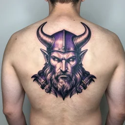 a man with a purple viking tattoo on his back, a tattoo by richard mortensen, reddit contest winner, tattoo
