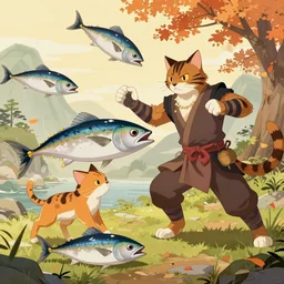 warrior cats fighting over the sacred tuna high fantasy battle, traditional Japanese style
