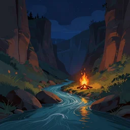concept art by jama jurabaev, cel shaded, cinematic shot, trending on artstation, high quality, brush stroke, vibrant colors, under the silent night sky, a mysterious canyon stream, a lonely campfire