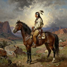 a full length extremely detailed masterpiece painting of a rugged warrior American native Apache with an eagle feather in his braided head-ban sitting on his horse overlooking a rugged Texas Big Bend background, in the style of George Catlin, insanely detailed, extremely moody lighting, glowing light and shadow, atmospheric