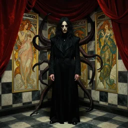 extremely detailed movie shot closeup portrait of a dark bizarre figure standing in the corner of a checkerboard checkerboard room by denis villenueve, arnold bocklin, lovecraft, amano, alphonse mucha, franz von stuck, tentacles, dynamic composition, rich moody colours, red drapes, 4 k details