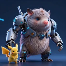 high quality 3 d render sci - fi very cute mecha & fluffy! wombat!! hybrid! fighting, highly detailed, unreal engine cinematic smooth, in the style of blade runner & detective pikachu, hannah yata charlie immer, dark blue neon light, low angle, uhd 8 k, sharp focus