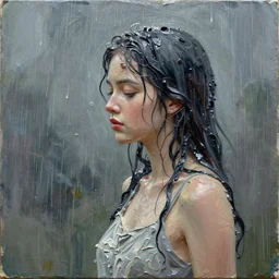 oil paint impasto reliefs of beautiful girl in the pouring rain