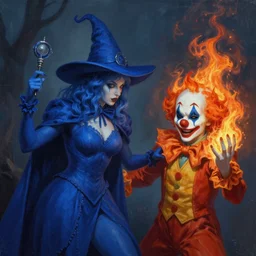 oil matte portrait, blue witch using fire magic on clown. digital painting, fantasy, concept art, cinematic colors, realistic shaded. by ilya kuvshinov, magali villeneuve, artgerm, greg rutkowski