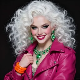 portrait of teenage aphrodite, curly white hair, wicked smile, wearing magenta leather coat, orange bracelets, intricate, elegant, sparkling green jewelry, glowing lights, highly detailed, digital painting, artstation, concept art, smooth, sharp focus, illustration, art by wlop, mucha, artgerm, and greg rutkowski